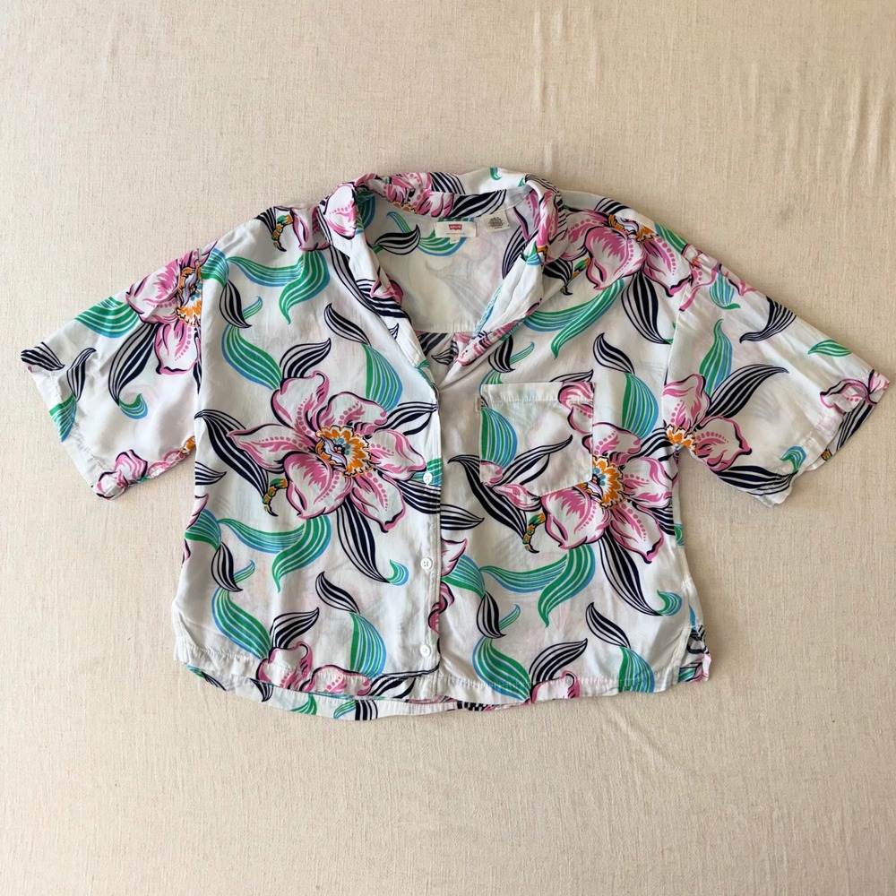 Levis Mahina Shirt Womens Small White Floral Viscose Short Sleeve‎ Camp Top